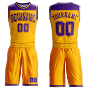 Custom Gold Purple Color Block Round Neck Sublimation Basketball Suit Jersey