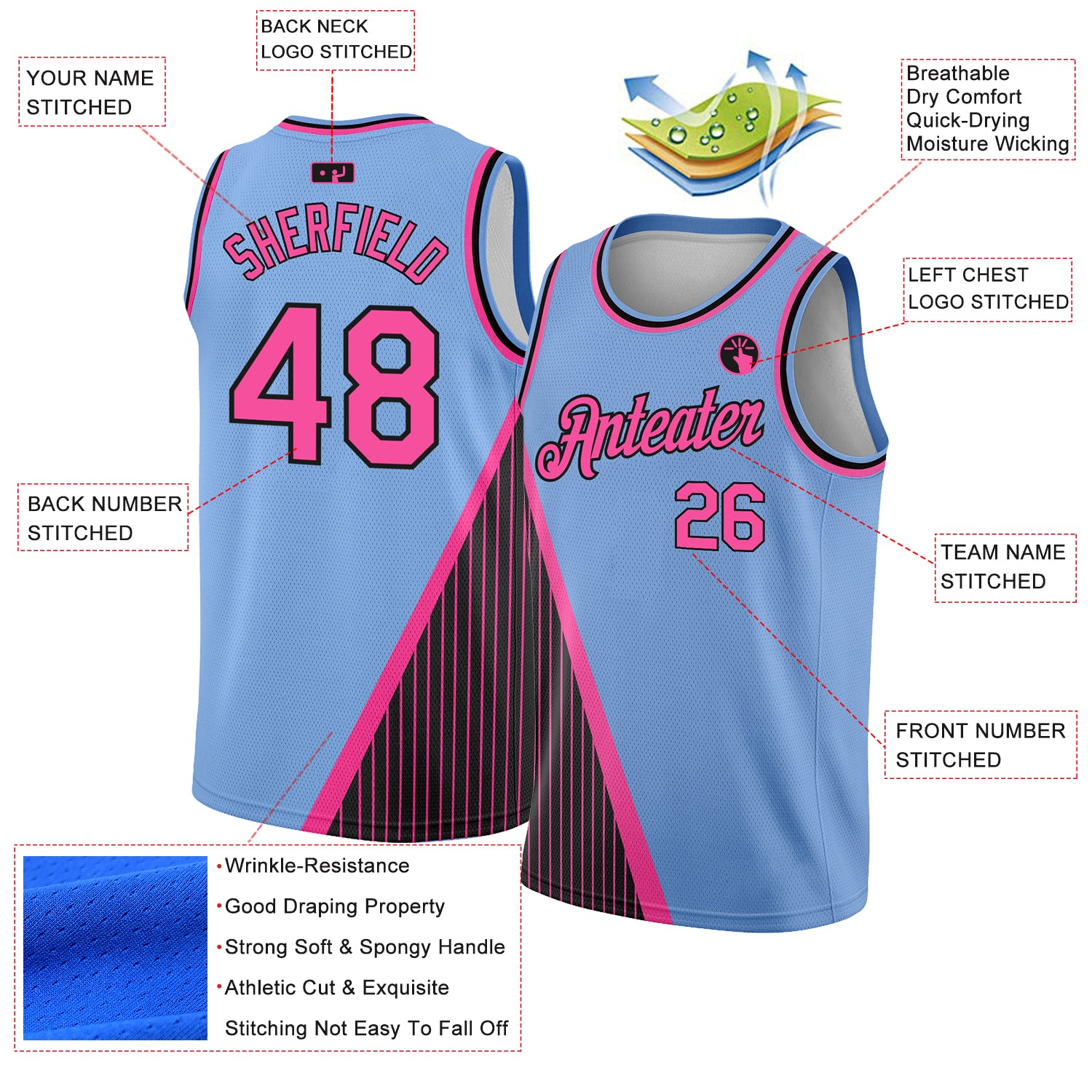Custom Light Blue Pink-Black Triangle Pinstripes Authentic City Edition Basketball Jersey