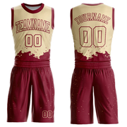 Custom Cream Maroon Color Splash Round Neck Sublimation Basketball Suit Jersey