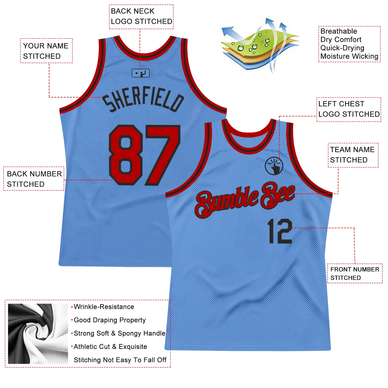 Custom Light Blue Red-Black Authentic Throwback Basketball Jersey