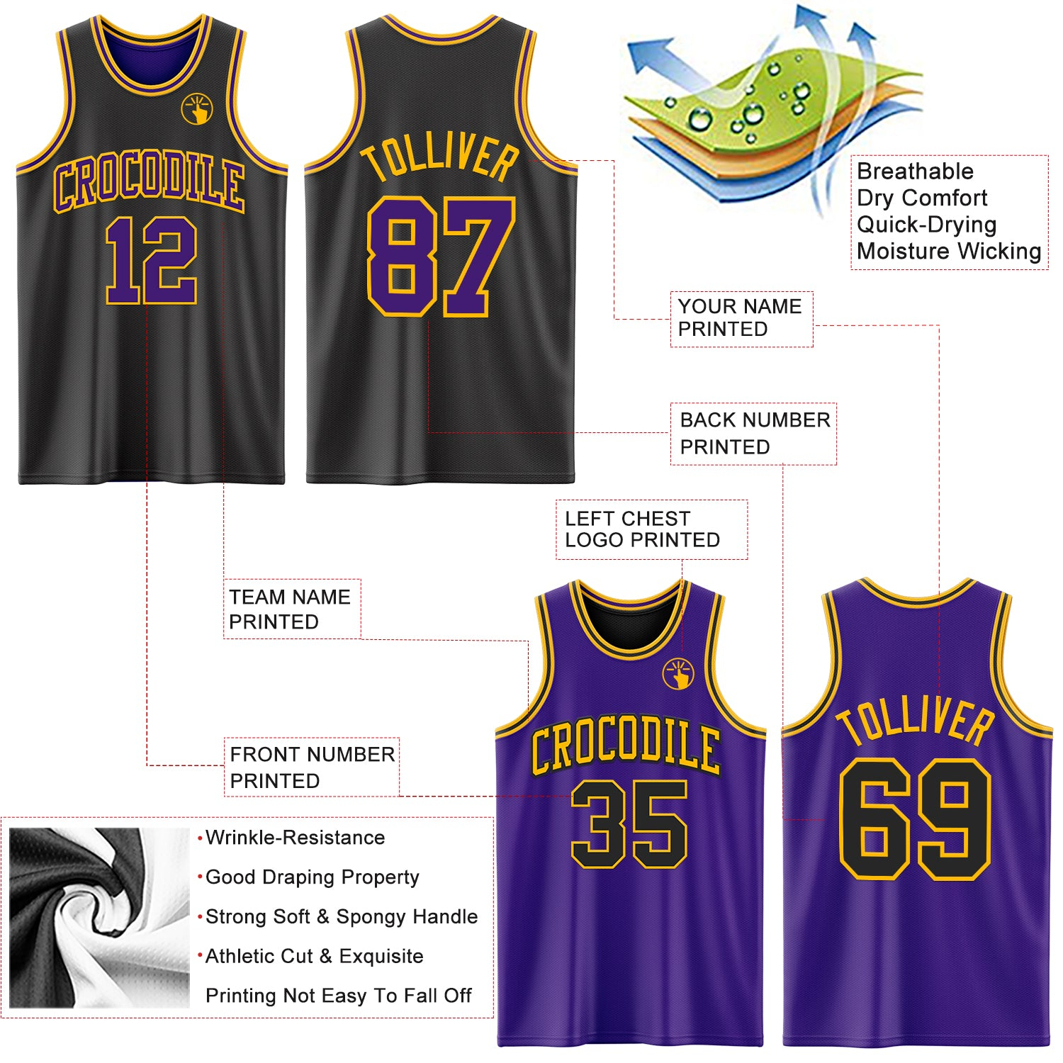 Custom Reversible Black Purple-Gold Double Side Basketball Jersey