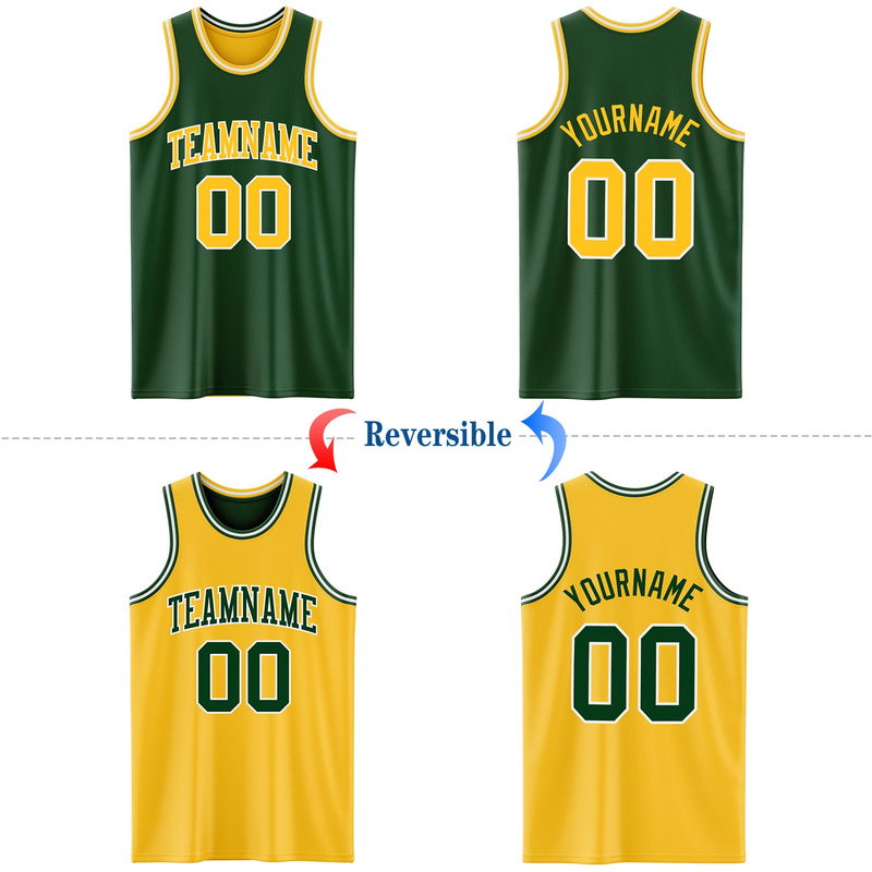 Custom Reversible Green Gold-White Double Side Basketball Jersey