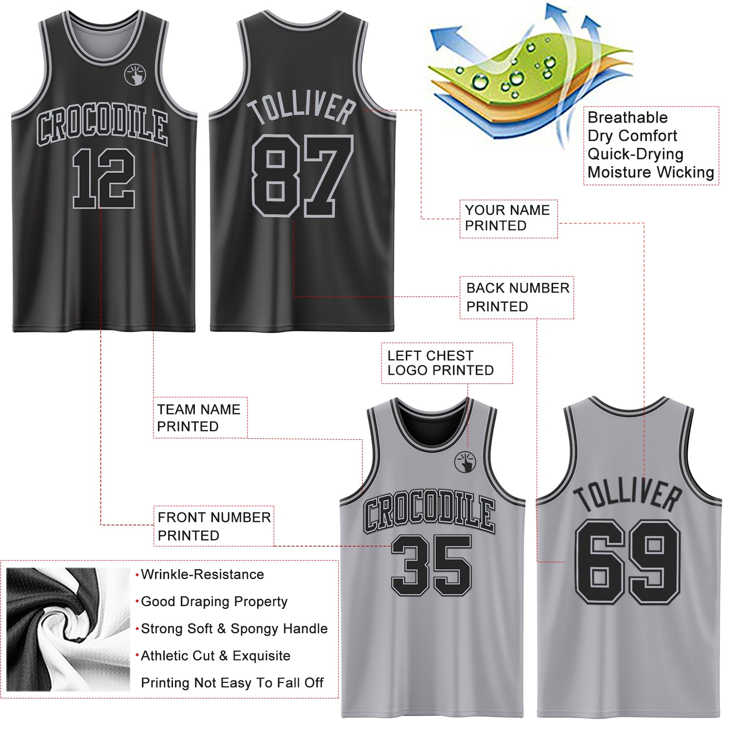 Custom Reversible Black Gray Double Side Basketball Jersey