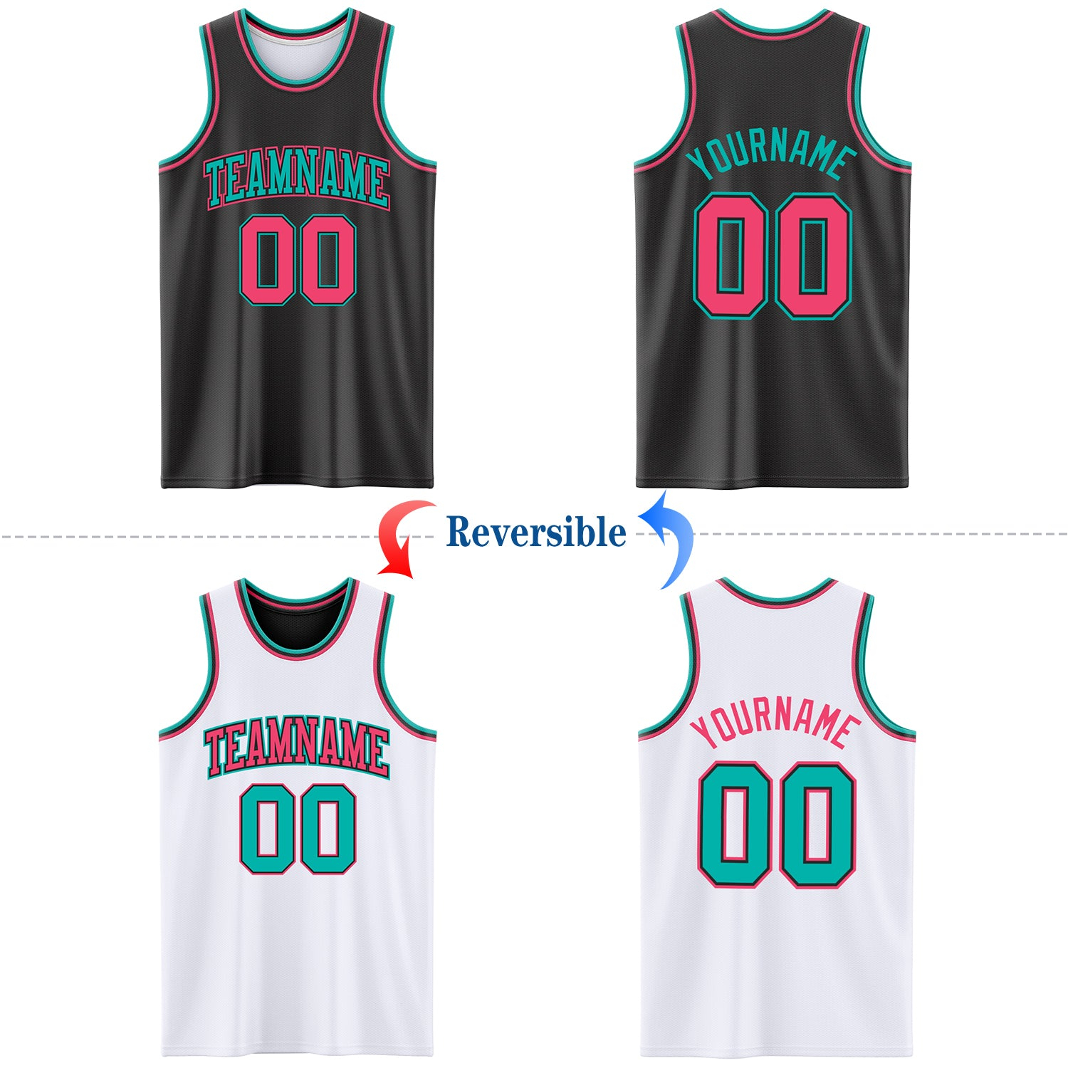 Custom Reversible Black Neon Pink-Aqua Double Side Basketball Jersey