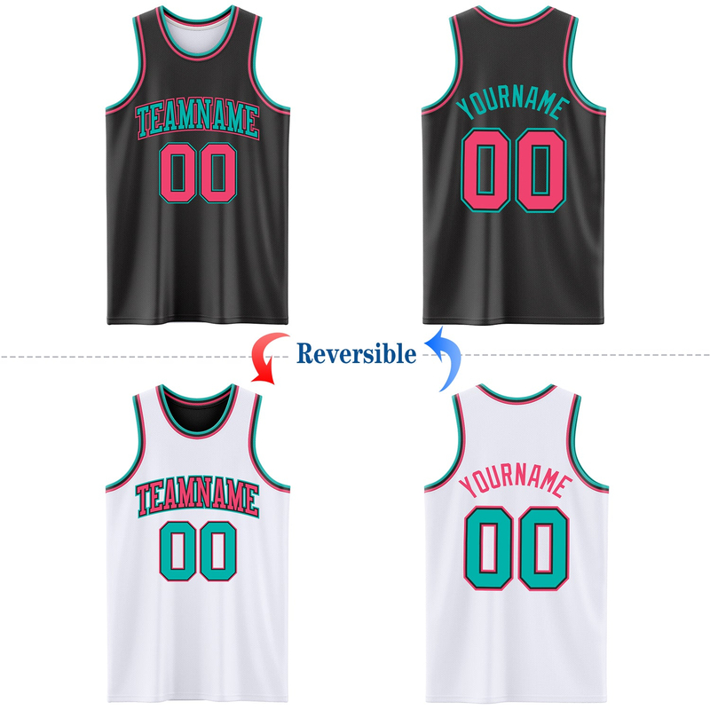 Custom Reversible Black Neon Pink-Aqua Double Side Basketball Jersey