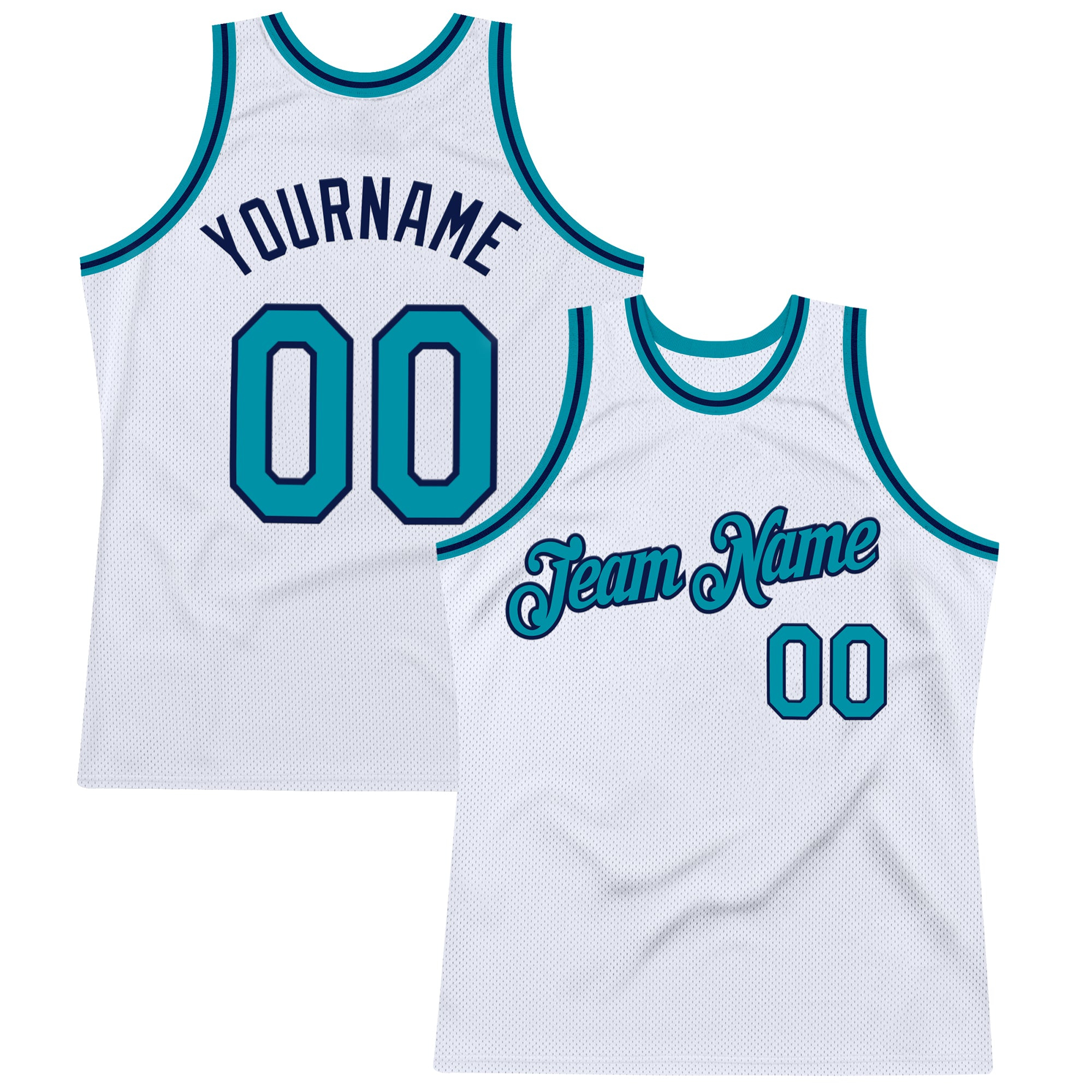 Custom White Teal-Navy Authentic Throwback Basketball Jersey