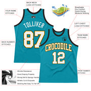 Custom Teal White Gold-Black Authentic Throwback Basketball Jersey