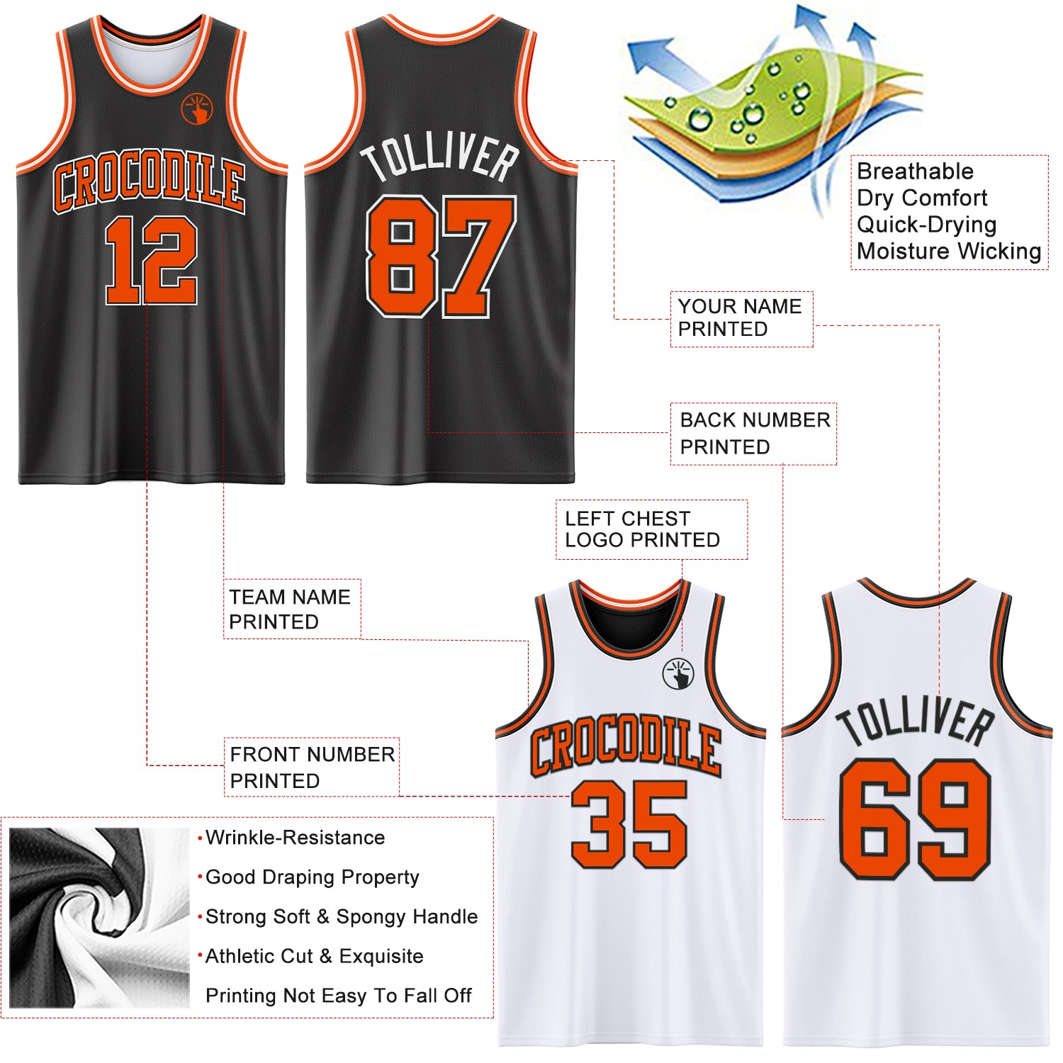 Custom Reversible Black Orange-White Double Side Basketball Jersey