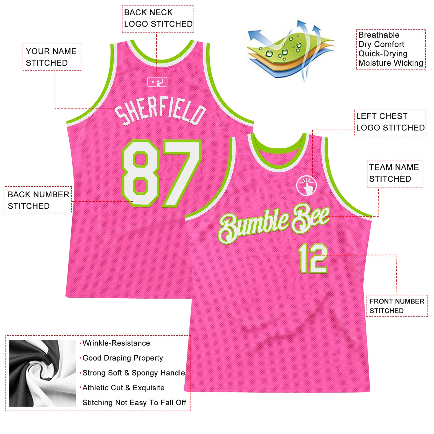 Custom Pink White-Neon Green Authentic Throwback Basketball Jersey