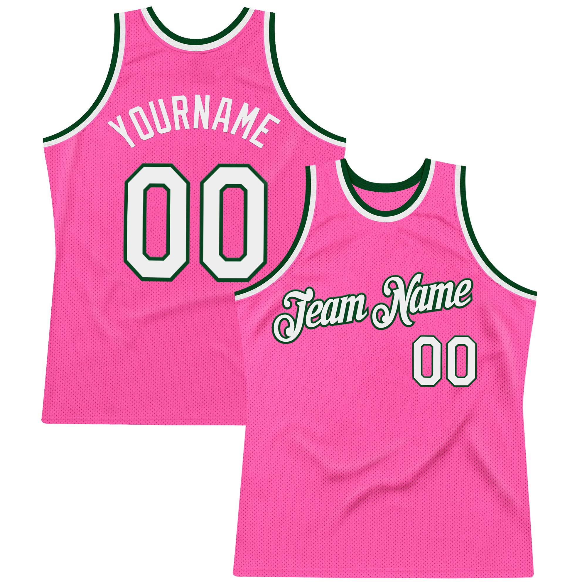 Custom Pink White-Green Authentic Throwback Basketball Jersey