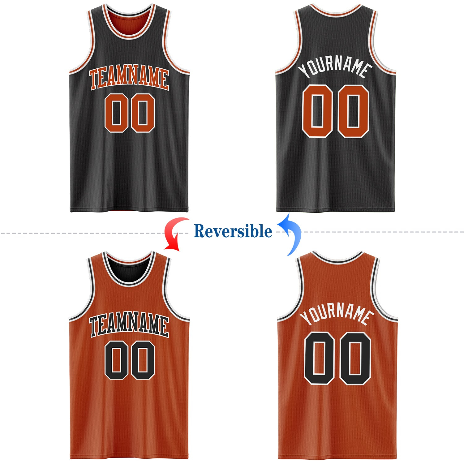 Custom Reversible Black Texas Orange-White Double Side Basketball Jersey