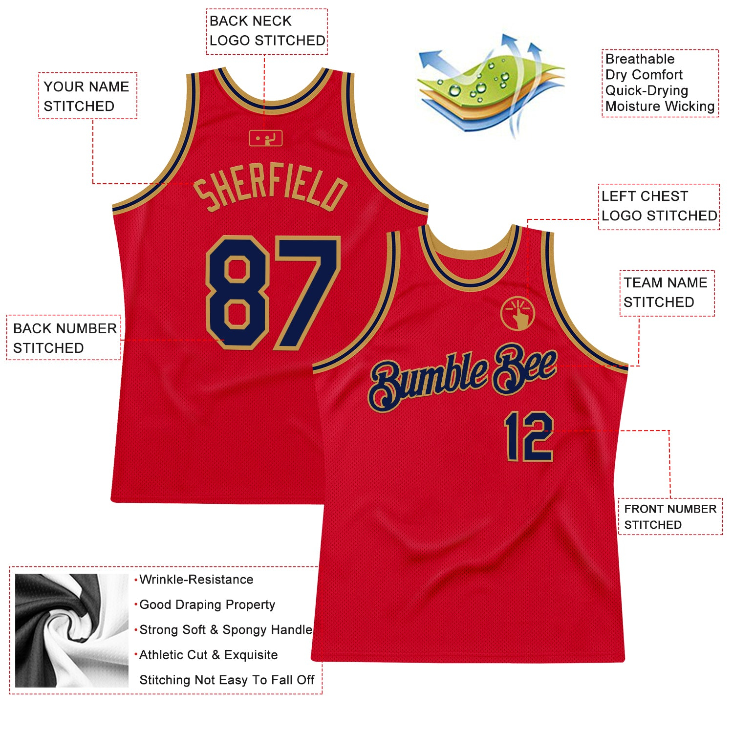 Custom Red Navy-Old Gold Authentic Throwback Basketball Jersey