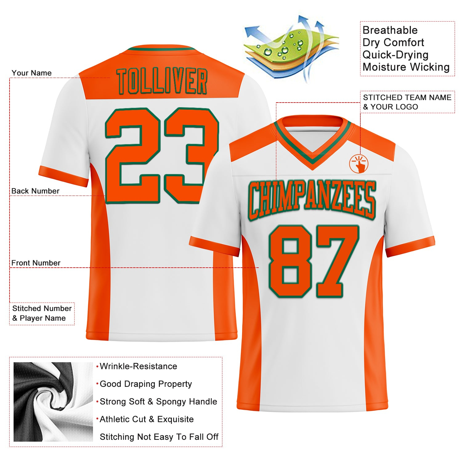 Custom White Orange-Kelly Green Mesh Authentic Football Jersey