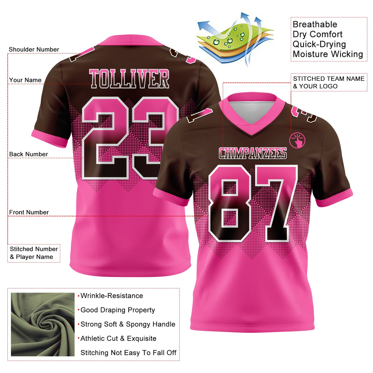 Custom Brown Pink-White Mesh Authentic Gradient Square Shape Flag Football Jersey