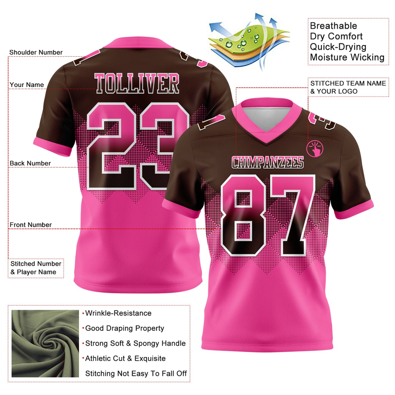 Custom Brown Pink-White Mesh Authentic Gradient Square Shape Flag Football Jersey