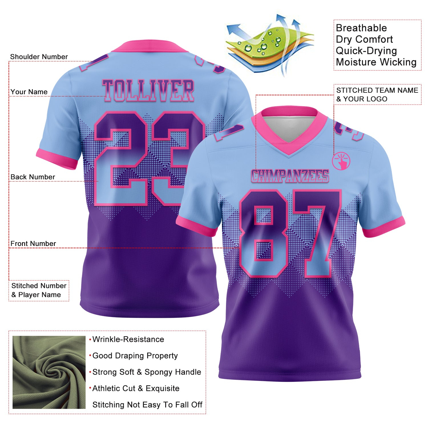 Custom Light Blue Purple-Pink Mesh Authentic Gradient Square Shape Flag Football Jersey