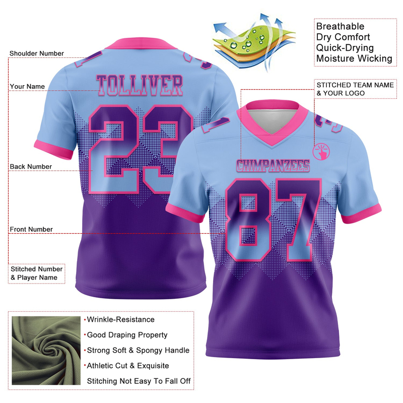 Custom Light Blue Purple-Pink Mesh Authentic Gradient Square Shape Flag Football Jersey