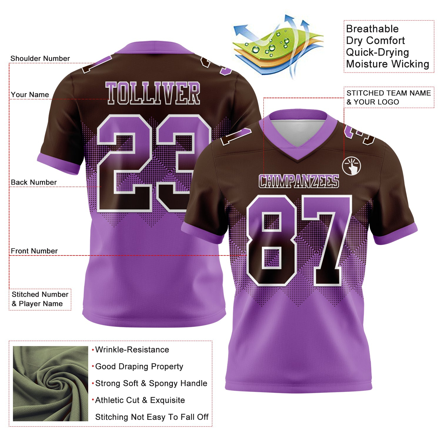 Custom Brown Medium Purple-White Mesh Authentic Gradient Square Shape Flag Football Jersey