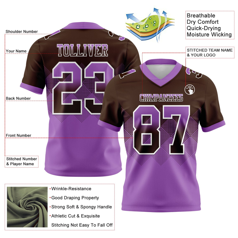 Custom Brown Medium Purple-White Mesh Authentic Gradient Square Shape Flag Football Jersey