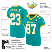 Custom Aqua White-Gold Mesh Authentic Football Jersey