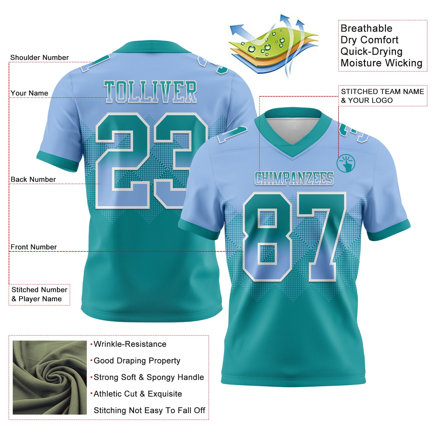 Custom Light Blue Teal-White Mesh Authentic Gradient Square Shape Flag Football Jersey