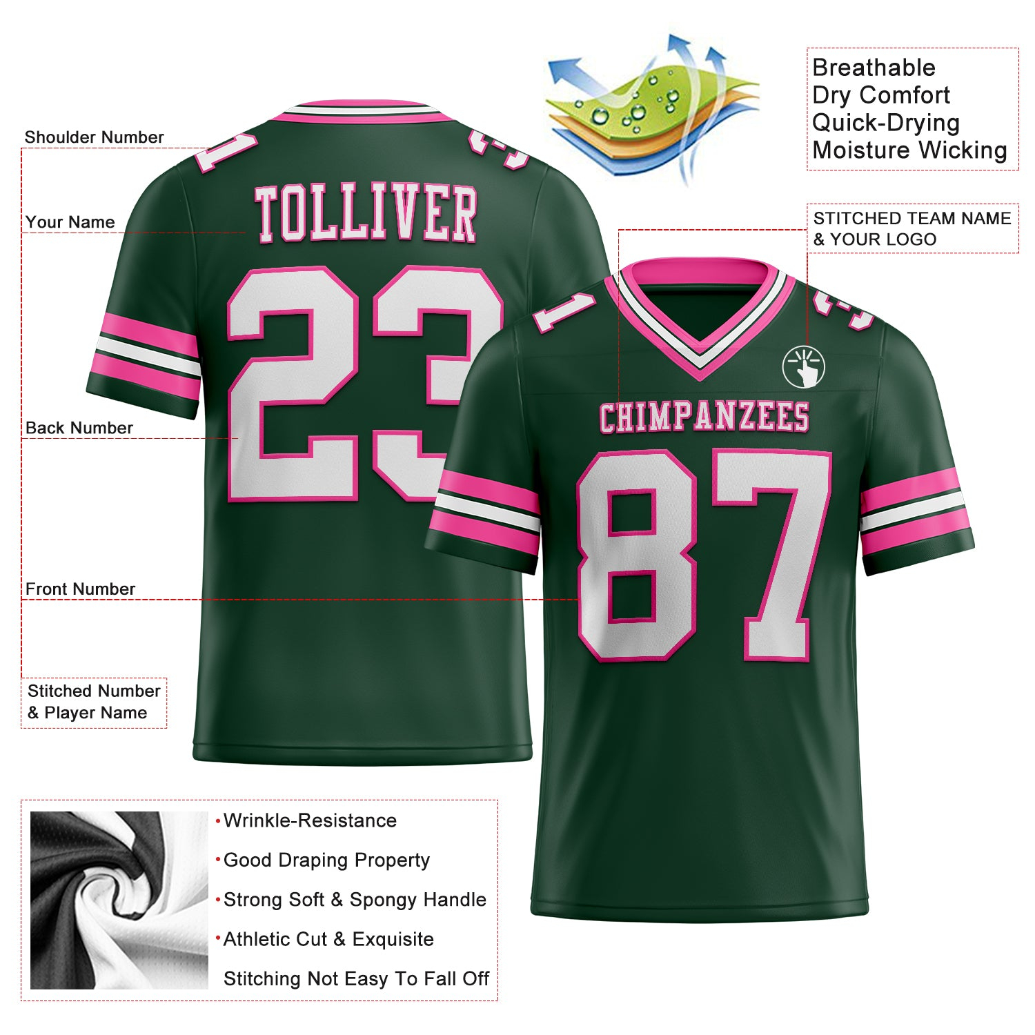 Custom Green White-Pink Mesh Authentic Football Jersey