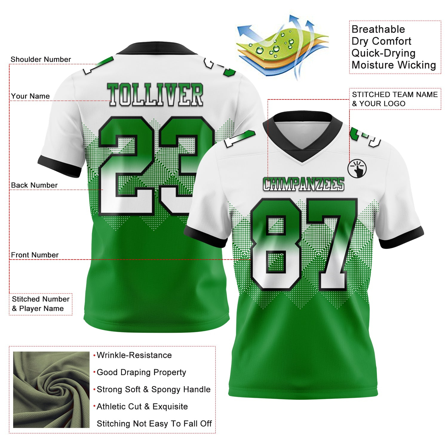Custom White Grass Green-Black Mesh Authentic Gradient Square Shape Flag Football Jersey