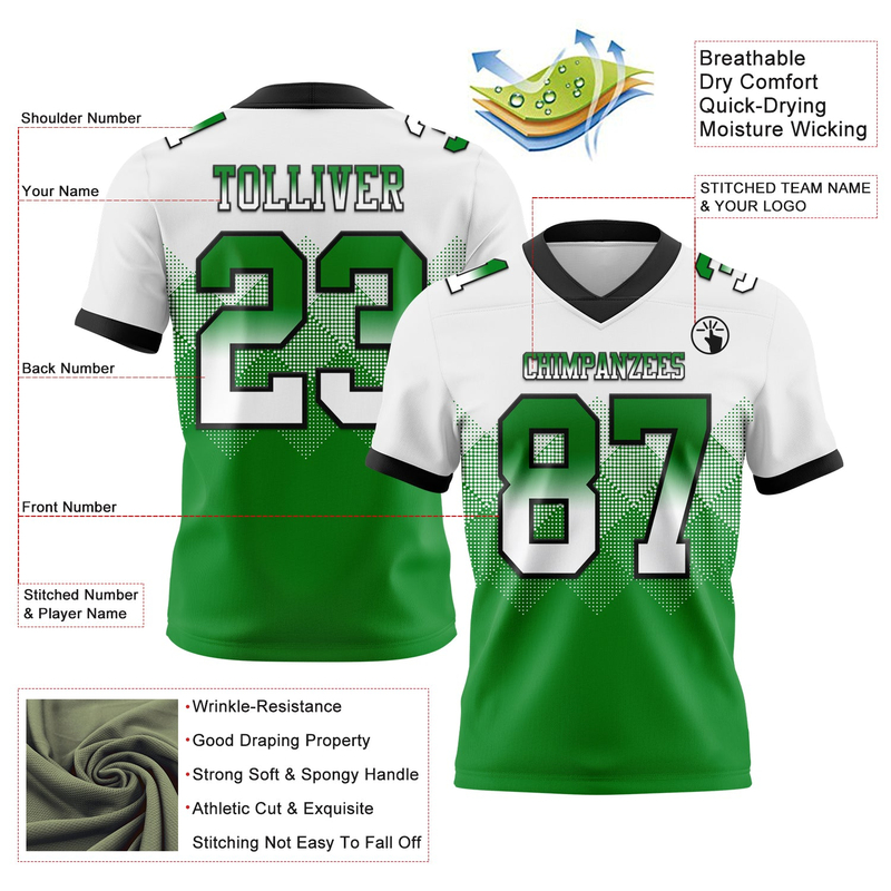Custom White Grass Green-Black Mesh Authentic Gradient Square Shape Flag Football Jersey