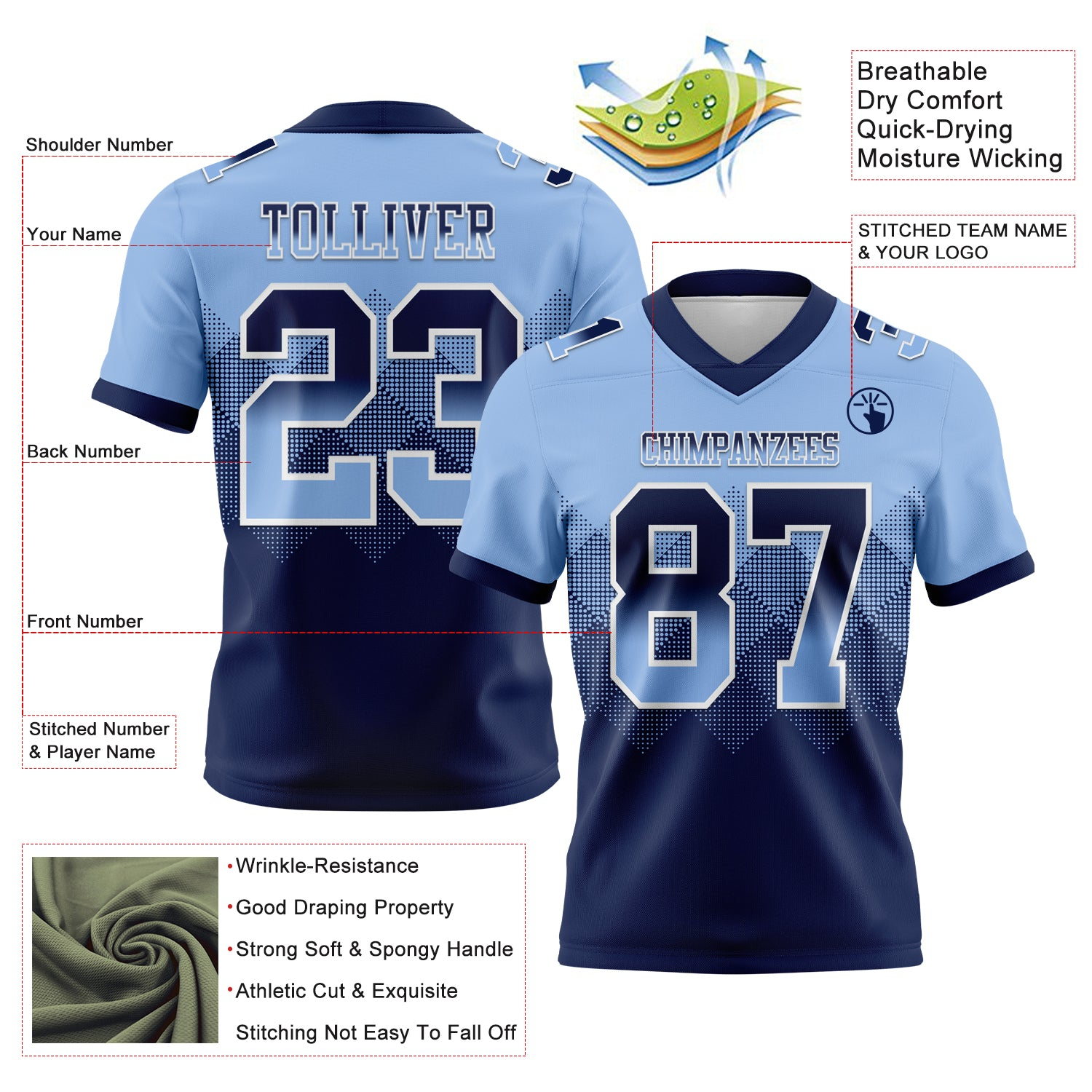 Custom Light Blue Navy-White Mesh Authentic Gradient Square Shape Flag Football Jersey