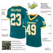 Custom Teal White-Gold Mesh Authentic Throwback Football Jersey