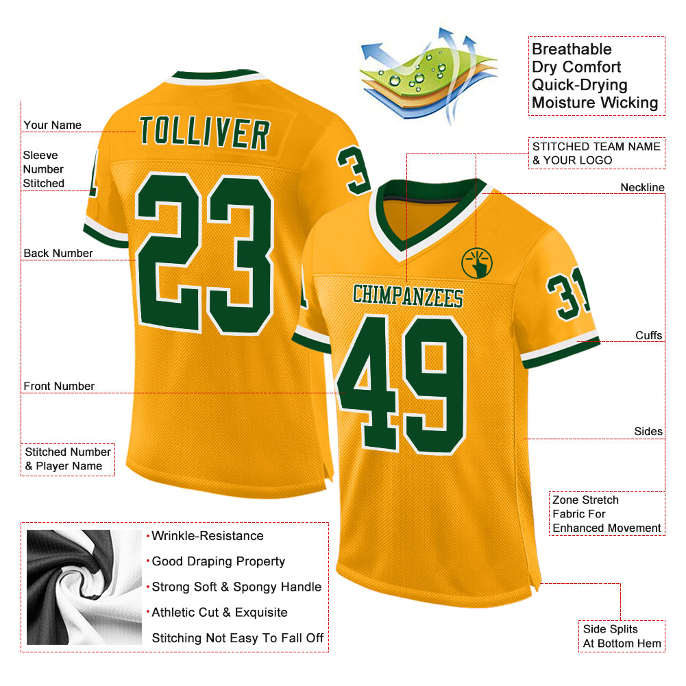 Custom Gold Green-White Mesh Authentic Throwback Football Jersey