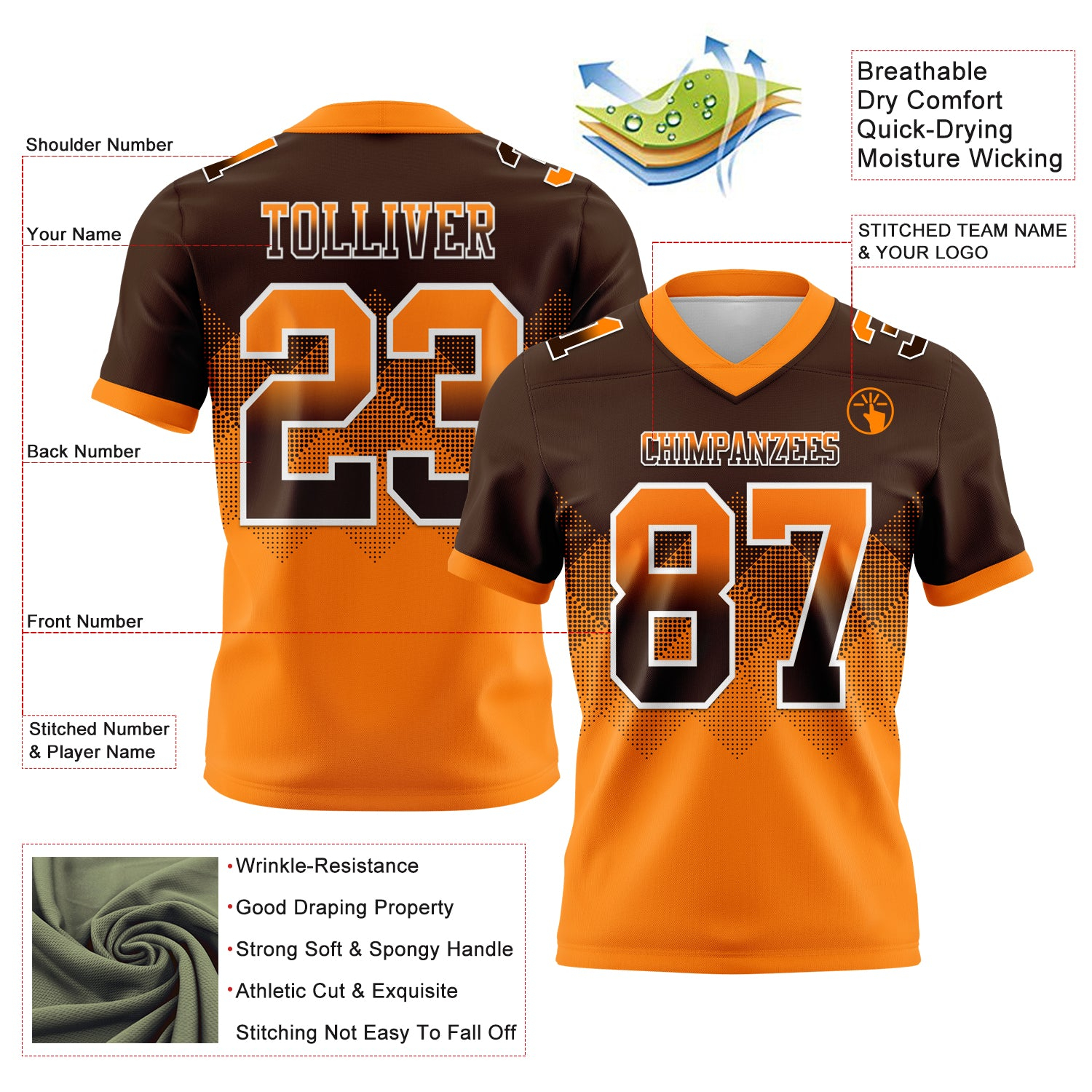 Custom Brown Orange-White Mesh Authentic Gradient Square Shape Flag Football Jersey