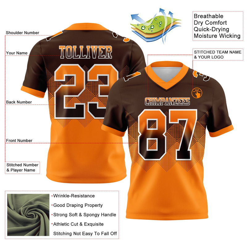 Custom Brown Orange-White Mesh Authentic Gradient Square Shape Flag Football Jersey