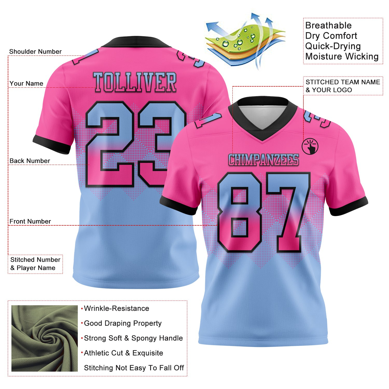 Custom Pink Light Blue-Black Mesh Authentic Gradient Square Shape Flag Football Jersey