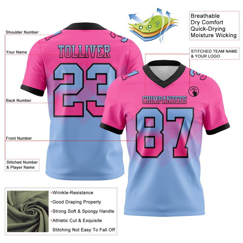 Custom Pink Light Blue-Black Mesh Authentic Gradient Square Shape Flag Football Jersey