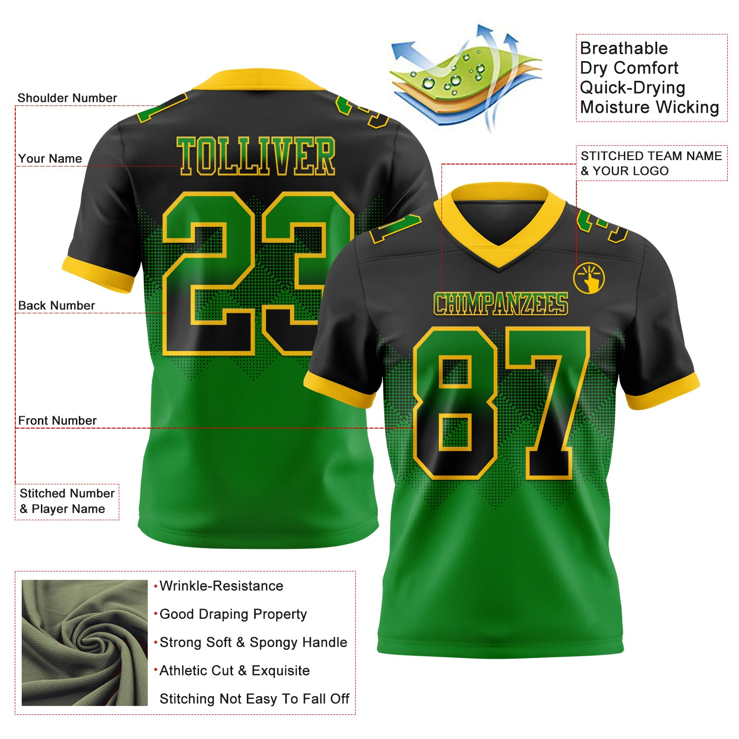 Custom Black Grass Green-Yellow Mesh Authentic Gradient Square Shape Flag Football Jersey