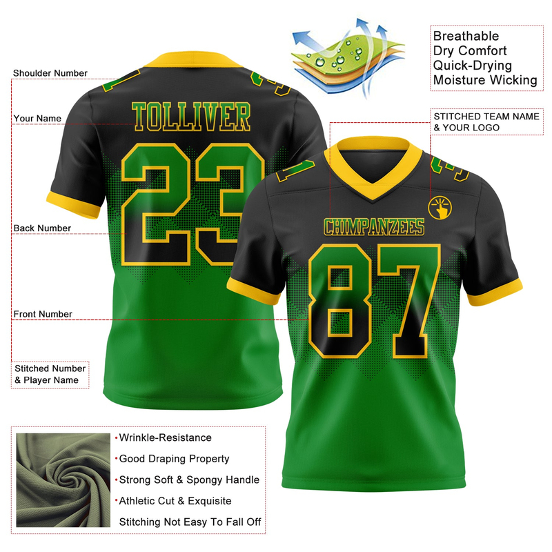 Custom Black Grass Green-Yellow Mesh Authentic Gradient Square Shape Flag Football Jersey