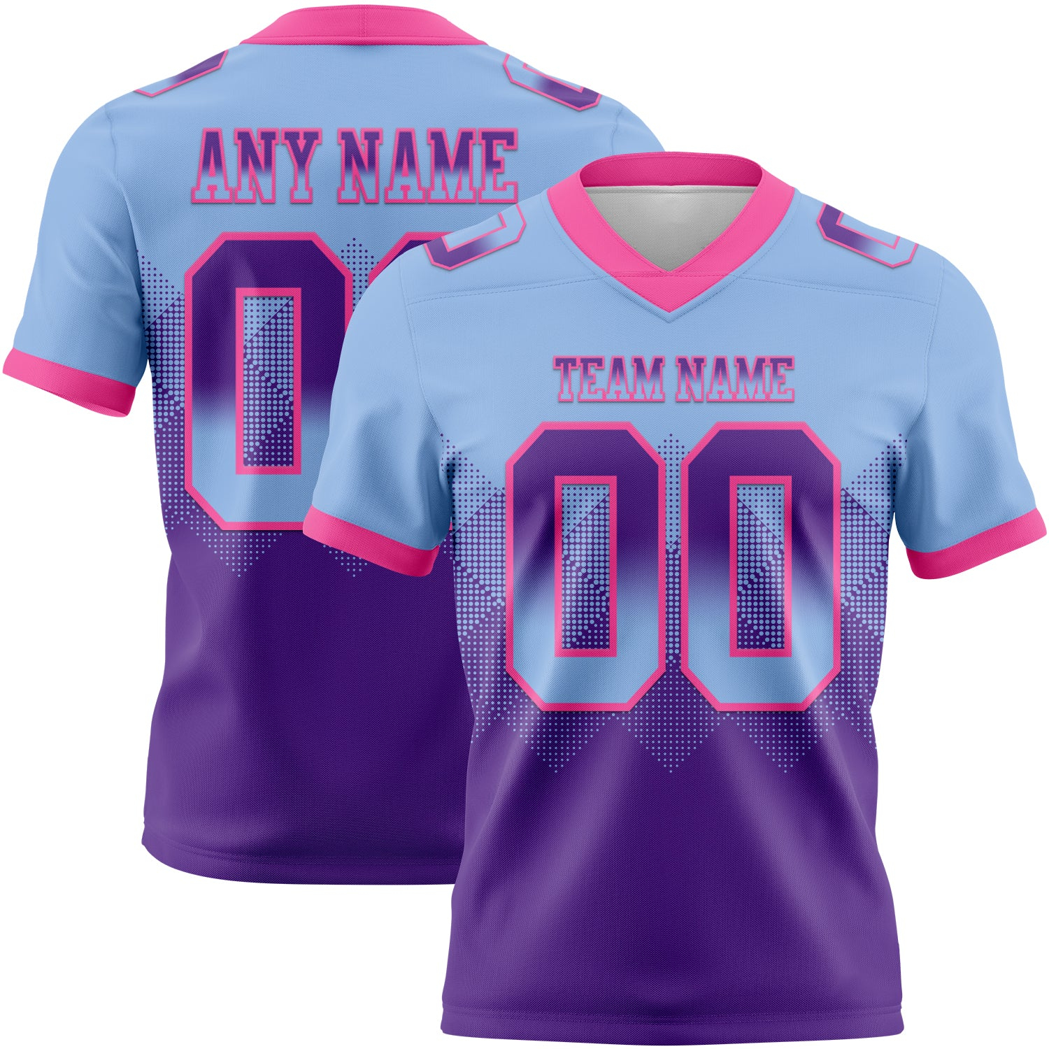 Custom Light Blue Purple-Pink Mesh Authentic Gradient Square Shape Flag Football Jersey