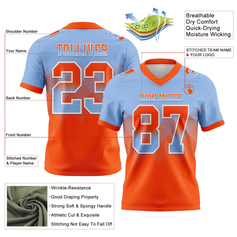 Custom Light Blue Orange-White Mesh Authentic Gradient Square Shape Flag Football Jersey