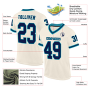 Custom Cream Navy-Teal Mesh Authentic Throwback Football Jersey