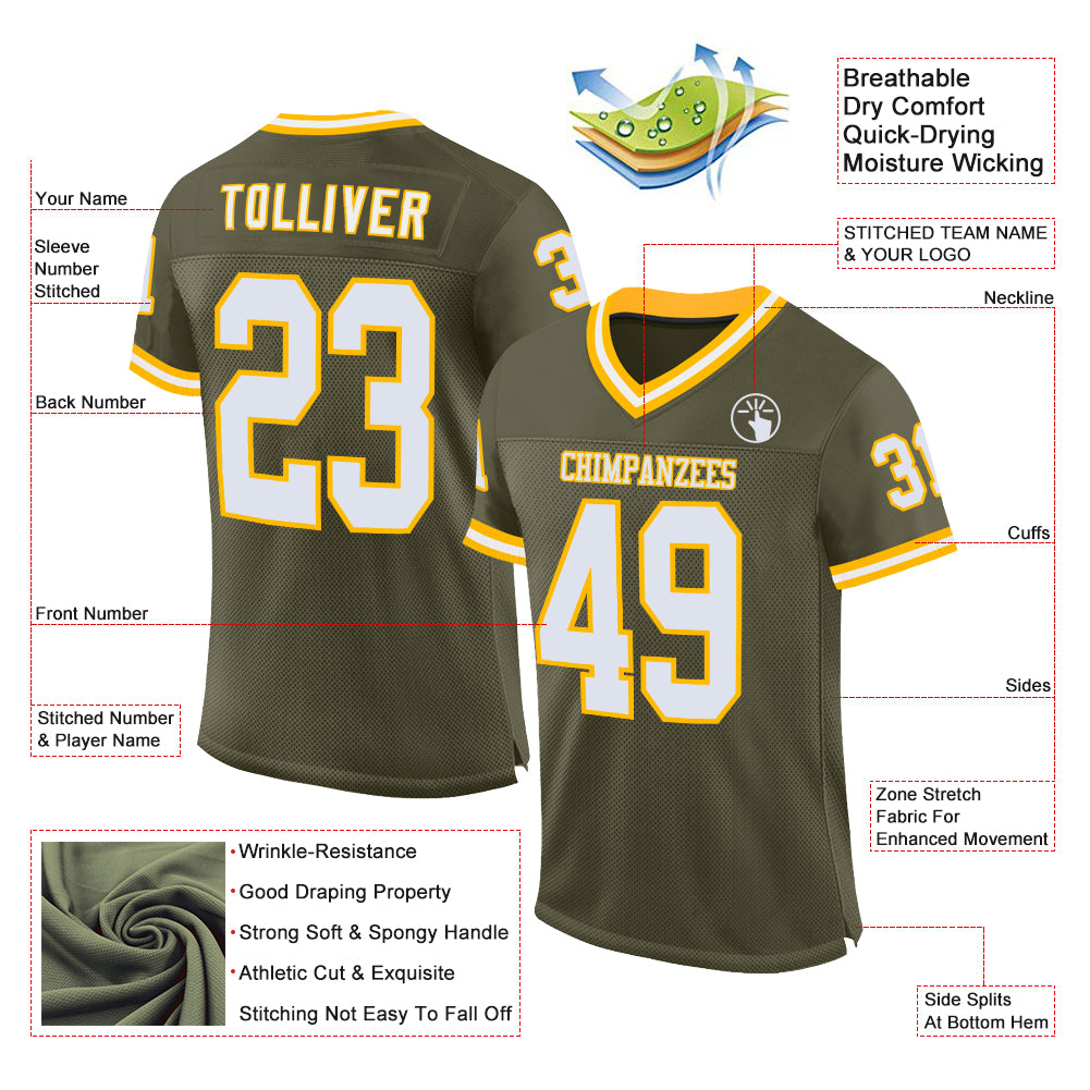 Custom Olive White-Gold Mesh Authentic Throwback Salute To Service Football Jersey