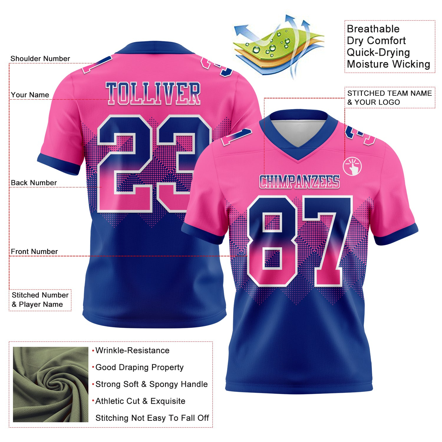 Custom Pink Royal-White Mesh Authentic Gradient Square Shape Flag Football Jersey