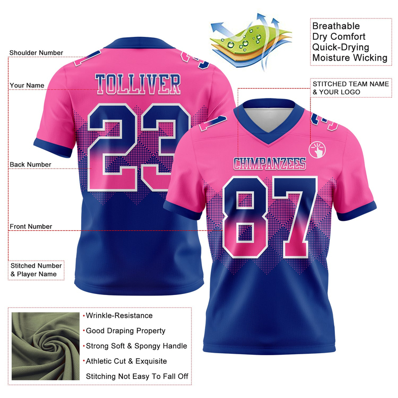 Custom Pink Royal-White Mesh Authentic Gradient Square Shape Flag Football Jersey