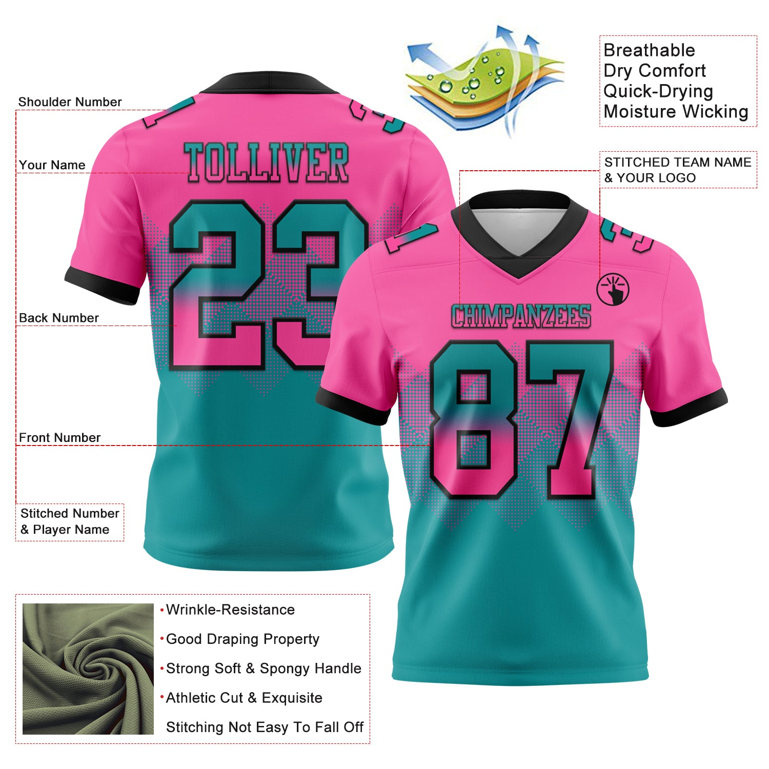 Custom Pink Teal-Black Mesh Authentic Gradient Square Shape Flag Football Jersey