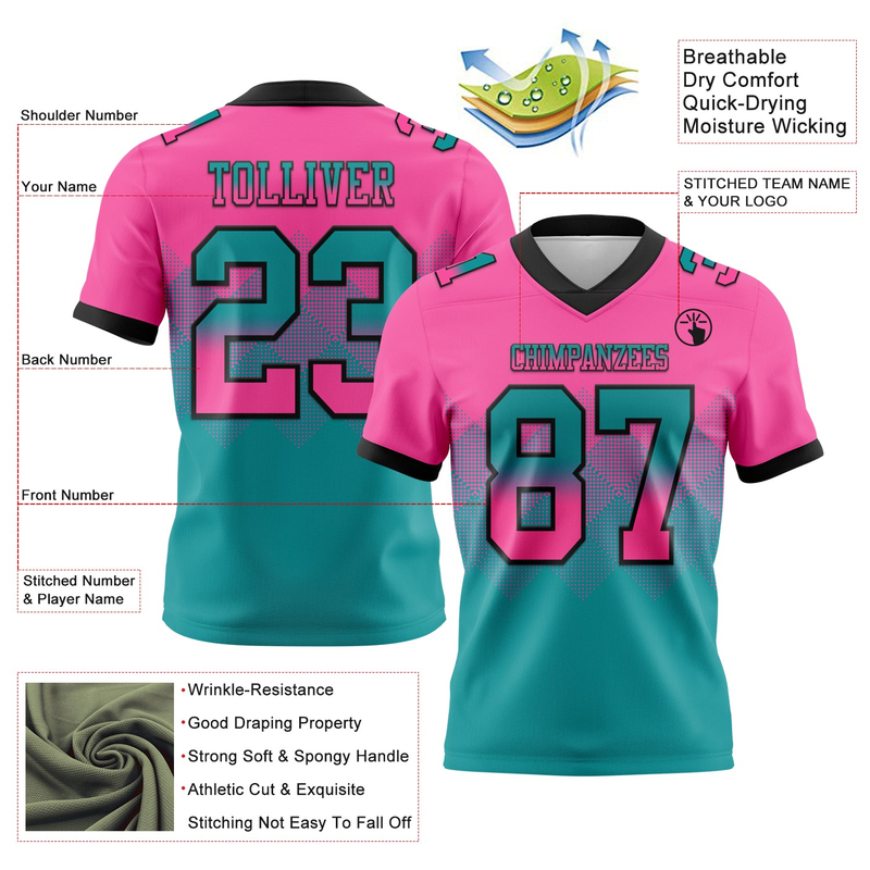 Custom Pink Teal-Black Mesh Authentic Gradient Square Shape Flag Football Jersey