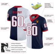 Custom Navy White-Scarlet Mesh Split Fashion Football Jersey