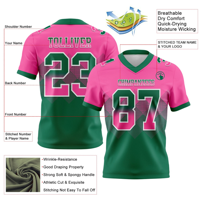 Custom Pink Kelly Green-White Mesh Authentic Gradient Square Shape Flag Football Jersey