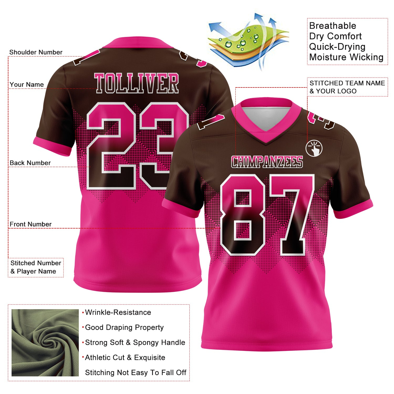 Custom Brown Hot Pink-White Mesh Authentic Gradient Square Shape Flag Football Jersey