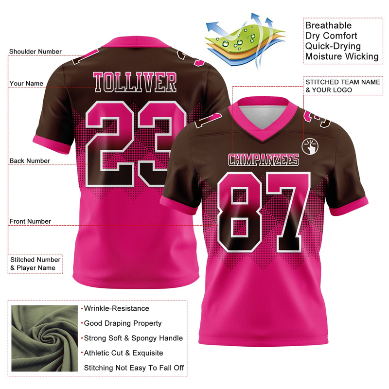Custom Brown Hot Pink-White Mesh Authentic Gradient Square Shape Flag Football Jersey