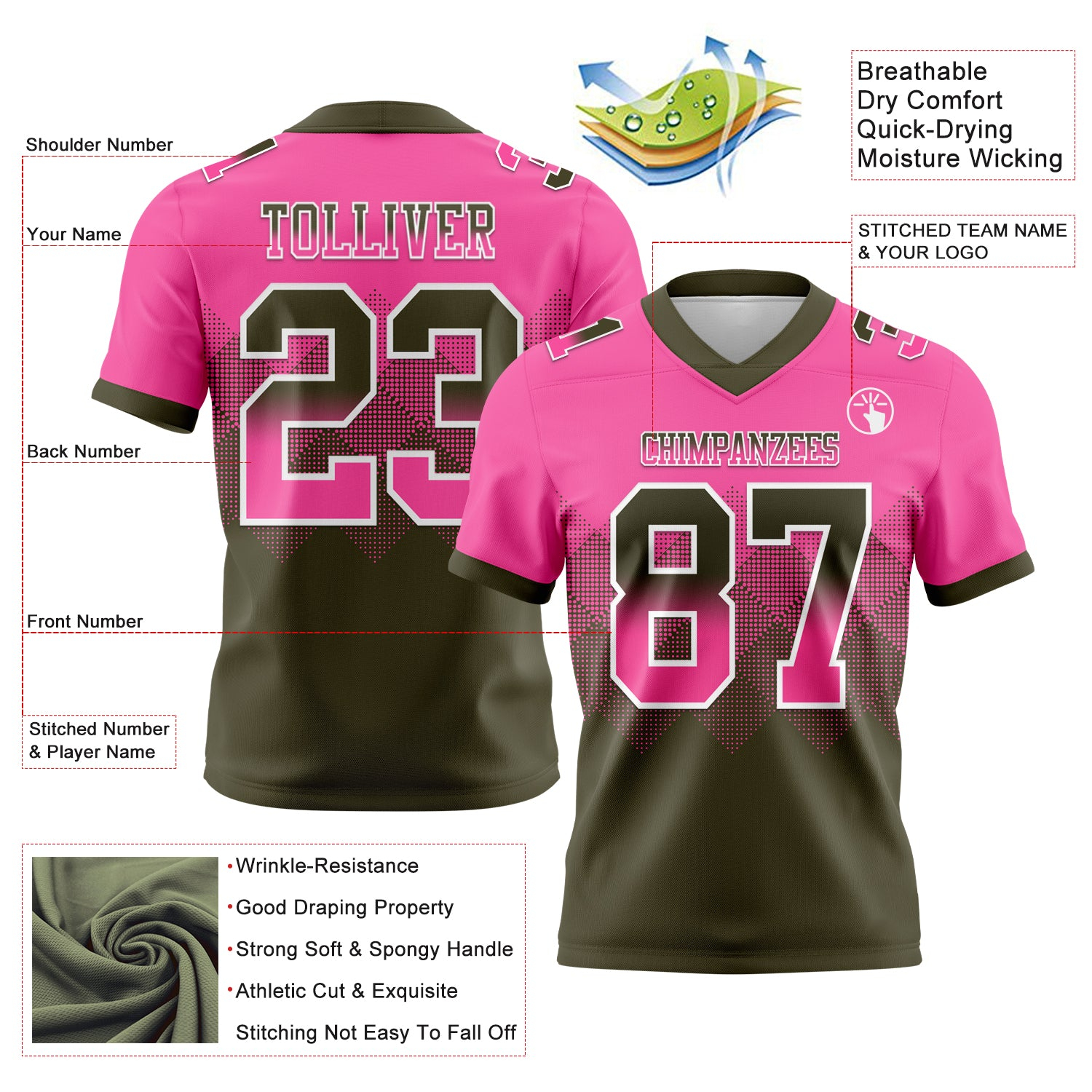 Custom Pink Olive-White Mesh Authentic Gradient Square Shape Flag Football Jersey